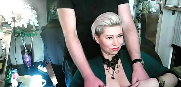  Husband spreads legs of his mature wife, showing off her insatiable cunt to the whole world!